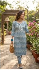 Women Cotton Zigzag Printed Kurti Pant Set | Floral Neck Design Straight Fit Kurta with Pant | Stylish Ethnic Wear for Women & Girls