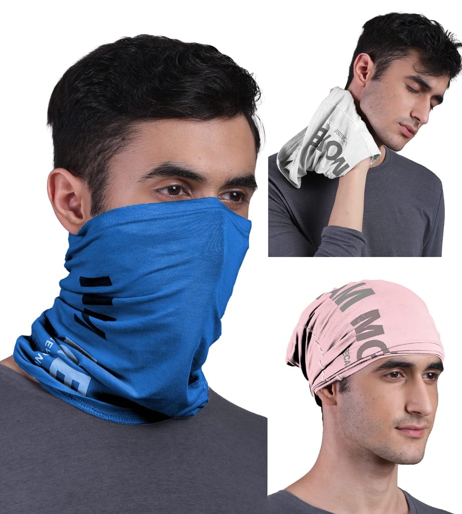 FREECULTR Unisex Bamboo Bandana, Anti Microbial Super Soft & Comfort Fit, Breathable Multipurpose Headband - Printed Pack of 3-Pastle Peach,Pilot Blue,White