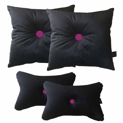Lushomes car pillows and cushions, Black Velvet with  Maroon, cushion for car, pillows for car, car pillow set of 4, car cushion set(2 pc Cushions-12 x 12 inches & 2 pcs Neck Rest Pillow 6x10 inch)