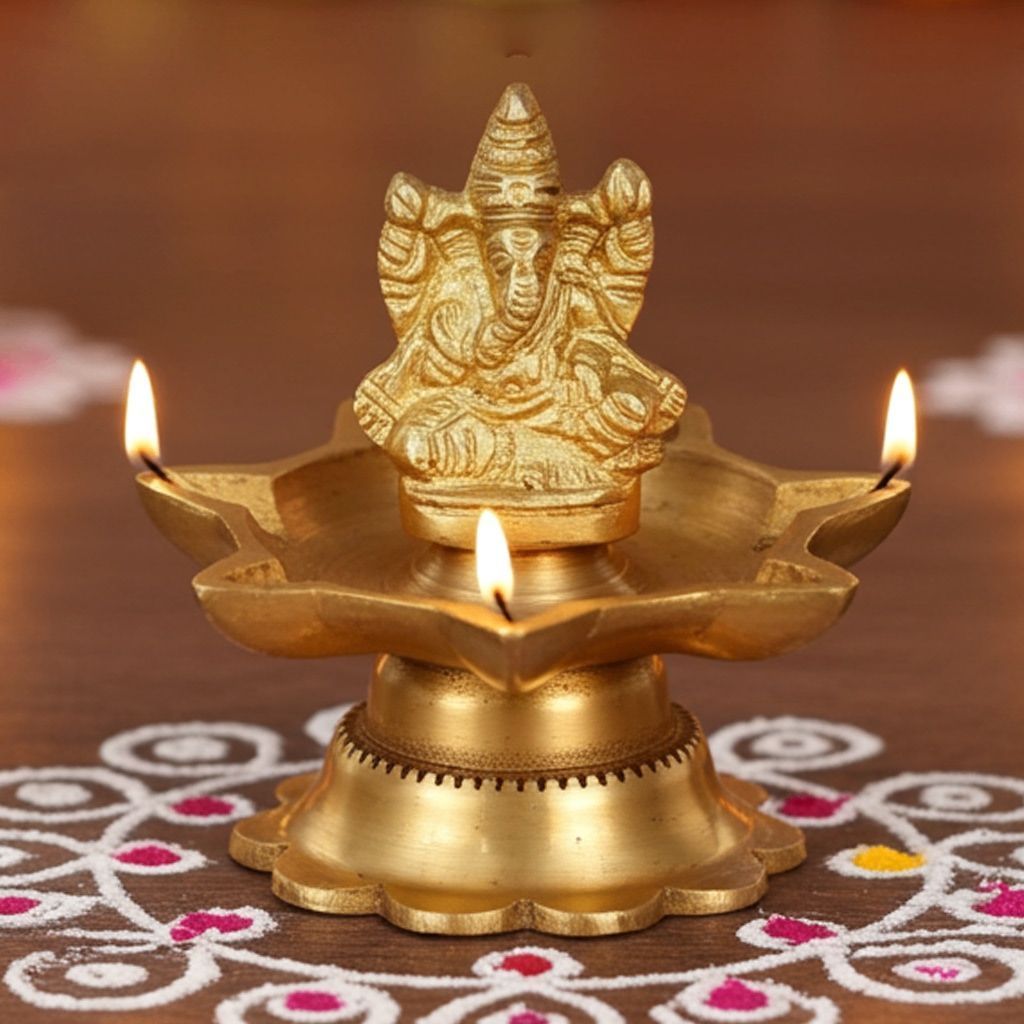 Brass Table Decor Ganesha Oil Lamp Deepak 7 Wicks - Handcrafted Brass Deepak for Temple D�cor, Height : 3 Inch (BSMAS1178 A)