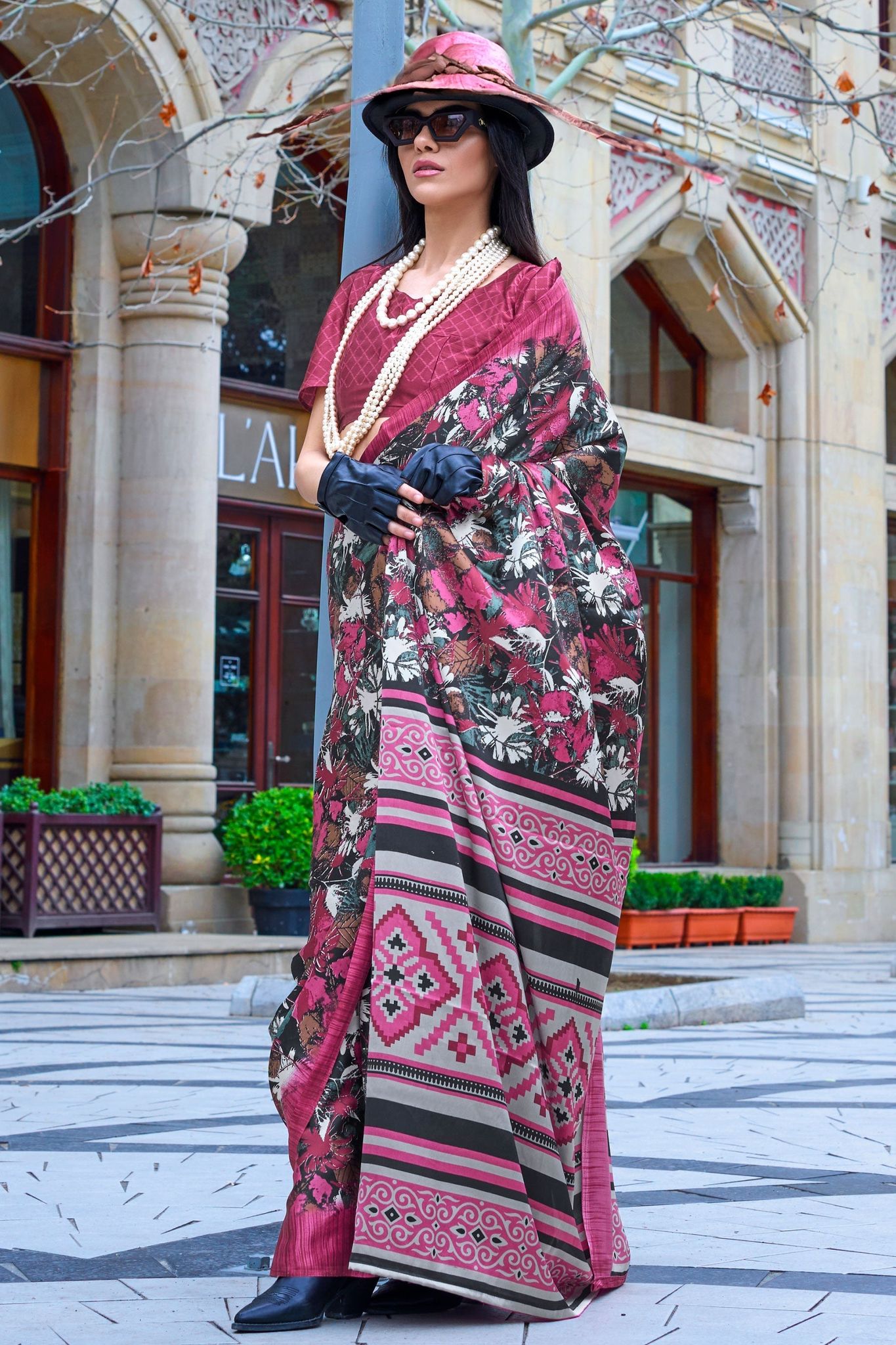 Pink Printed Crepe Saree
