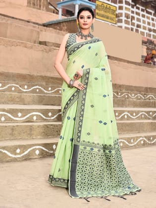 Parrot Green Handloom Cotton Butti Weaving Saree