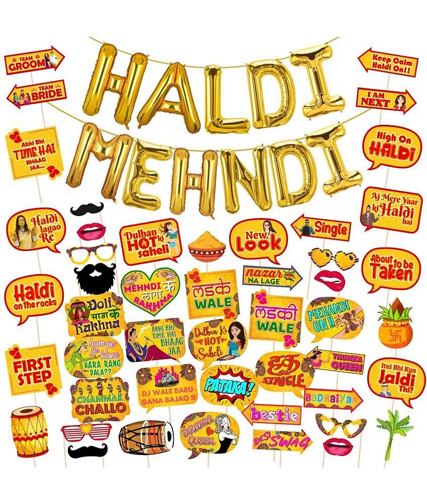 Zyozi Mehndi Props & Haldi Props and Mehndi Foil Balloon & Haldi Foil Balloon for Photoshoot ,Marriage Props for Wedding for Bride and Family,Bride to Be Props(Pack of 50)