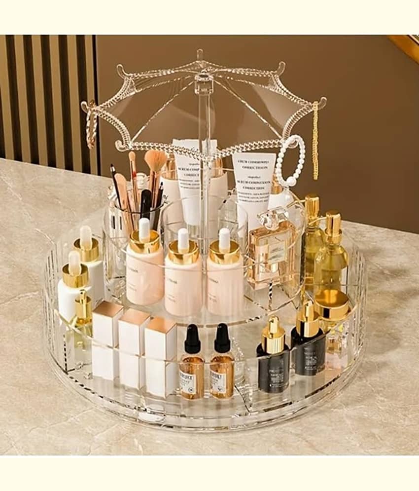 Plastic Multi Purpose Umbrella-Shaped 360° Round Dust-Proof Transparent 2-Layer Rotating Cosmetic Organizer For Brush / Make Up / Cosmetic / Lipstick / Perfume / Skincare / Make Up Organiser Rack Stand - Transparent