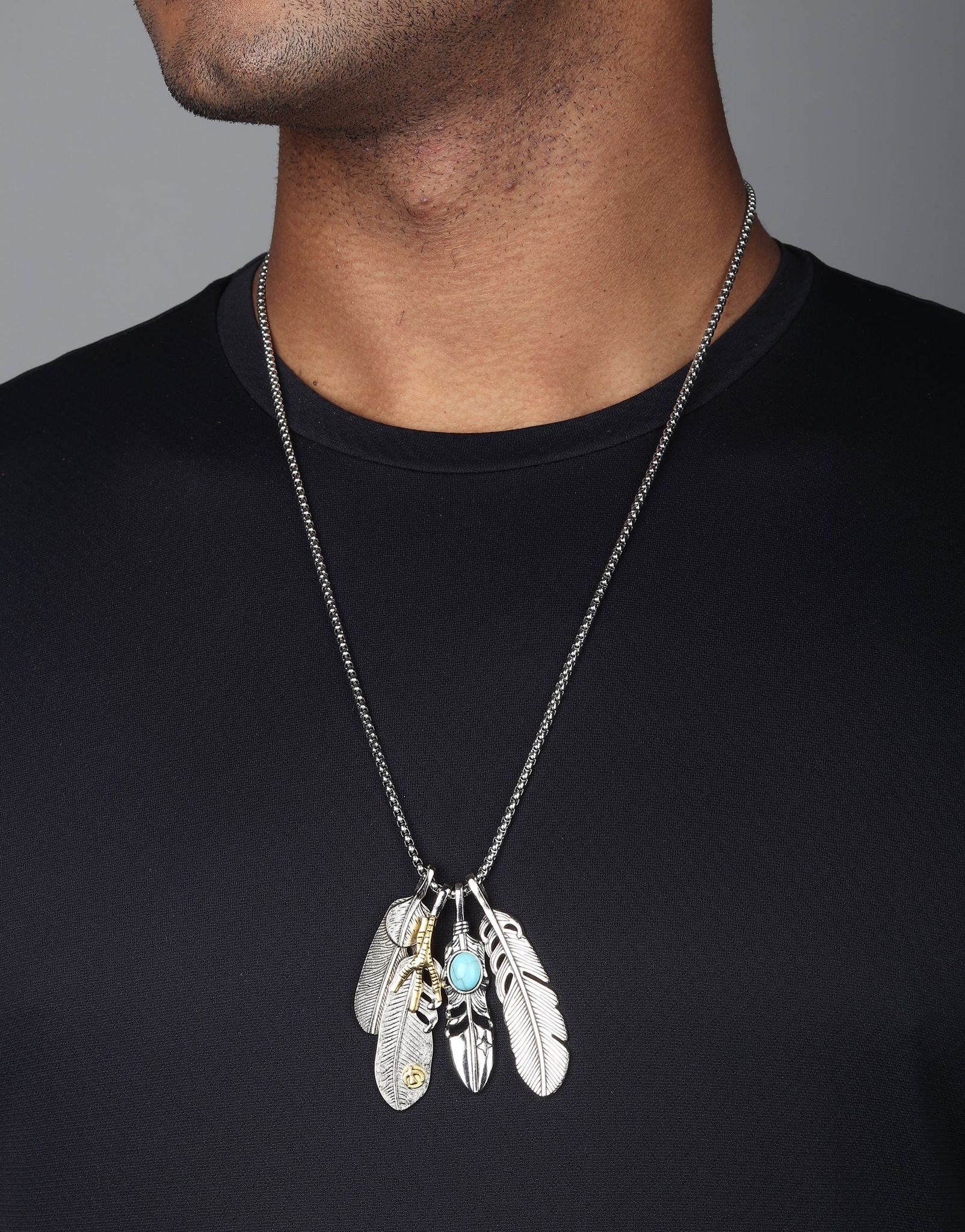Feather Squad Pendant-With Box Chain / Metallic Grey