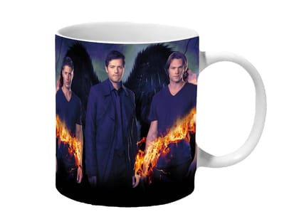 Multicolor Supernatural Cast Fire And Wings Artwork Ceramic Mug