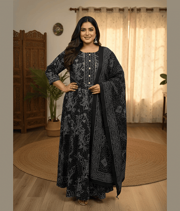 Swasti Women Cotton Printed Straight Kurti With Patiala Salwar ( Black )