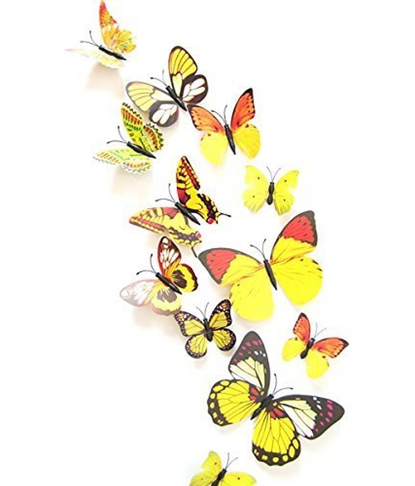 Pindia 12 Pcs 3D Metal Butterfly Wall Stickers for Home Party Wedding Decor (Yellow)