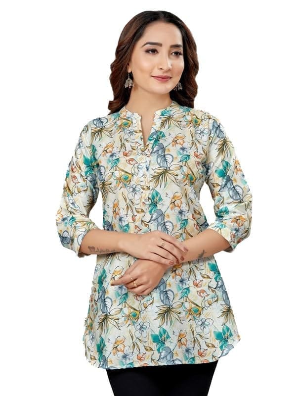 Women's Cotton Blend Mandarin Collar 3/4 Sleeves Short Top (OffWhite-Blue, M)-PID56238