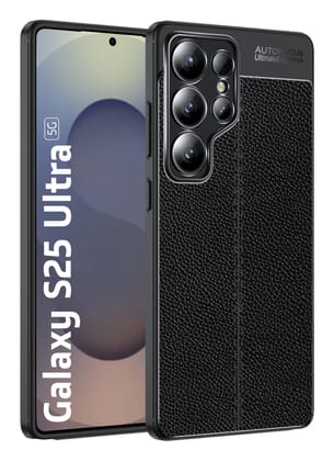 Vegan Leather Rugged Flexible TPU Series Shockproof Armor Back Cover for Samsung Galaxy S25 Ultra 5G, 6.9 inch, Black