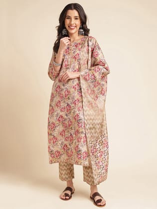 Multicolor Printed A-line Muslin Round Neck Kurta Set-S