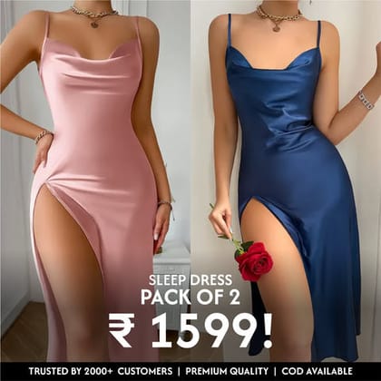 Draped Collar Split Backless Sleep Dress-Navy Blue & Rose / S