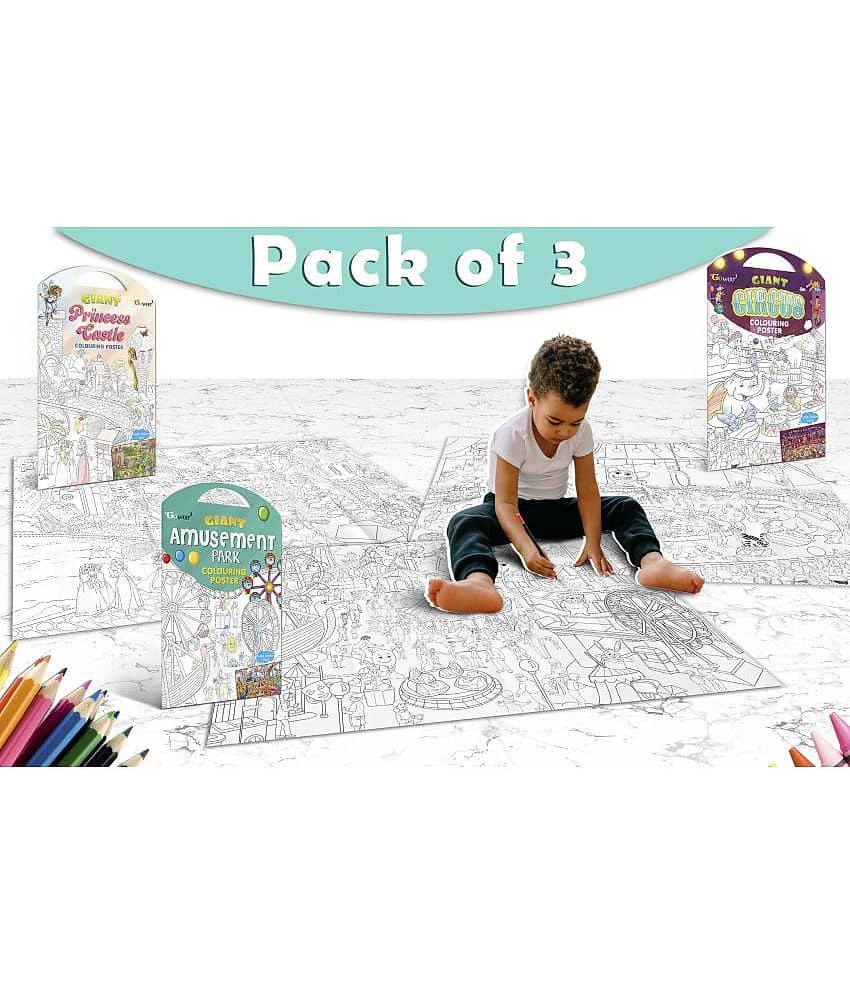 GIANT PRINCESS CASTLE COLOURING POSTER, GIANT CIRCUS COLOURING POSTER and GIANT AMUSEMENT PARK COLOURING POSTER | Set of 3 posters I Collection of illustrative posters for children