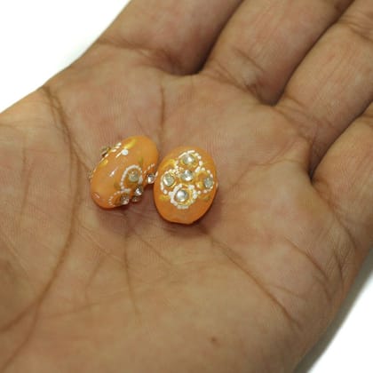 5 Pcs, 17x12mm Handpainted Kundan Work Oval Beads Orange-Orange / Glass