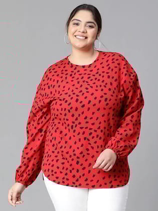 Fascinated Red Animal Print Long Sleeve Plus Size Women Loopy Top-2XL