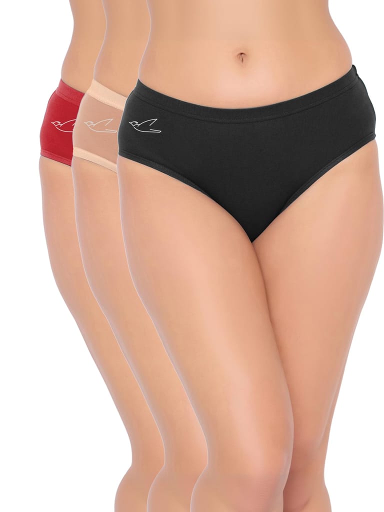 Freecultr Women’s Stretchable Cotton Hipster Panties – Breathable, Soft Briefs with Full Coverage | Everyday Underwear for Comfort & Fit | Women Innerwear Pack of 3 Black,Red,Nude