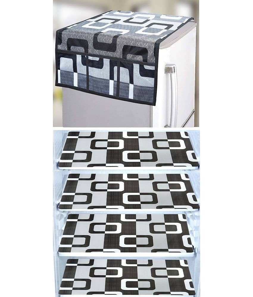 Crosmo Polyester Geometric Fridge Mat & Cover ( 64 18 ) Pack of 5 - Black