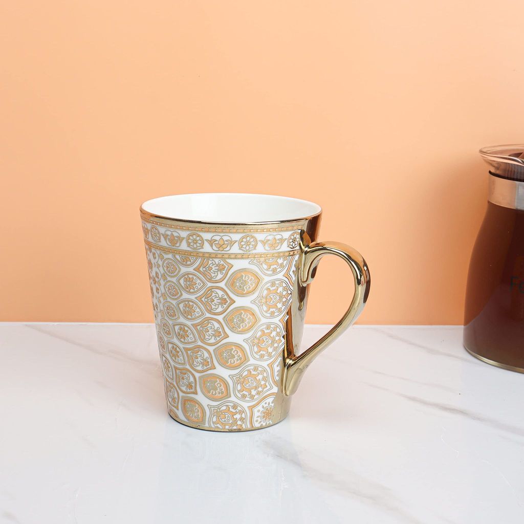 Femora Indian Floral Medallion Fine Bone China Golden Coffee Mugs, Tea Mugs, Ceramic Tea Cups (330 ml, Golden) - 1 Pcs Set