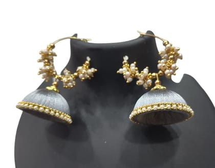 "Stunning Chandbali Earrings with Grey Silk Thread and Pearl Beads for Women"