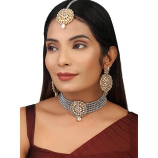 Grey Crystal Kundan Full Length 4pc Bridal Choker Jewellery Set