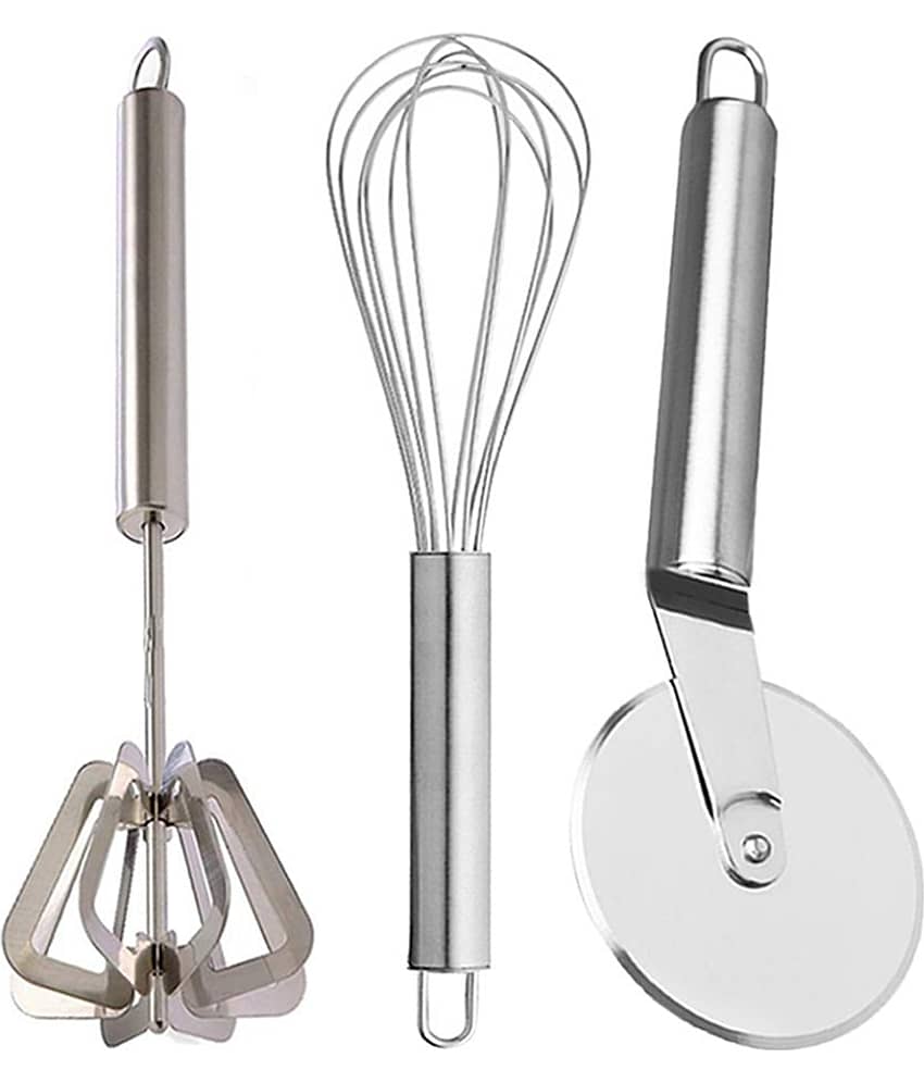 JISUN KL1 Stainless Steel Power Free Hand Blender/Ravai/Mathani & Egg Whisk/Egg Beater & Wheel Pizza Cutter Silver Kitchen Tool Set