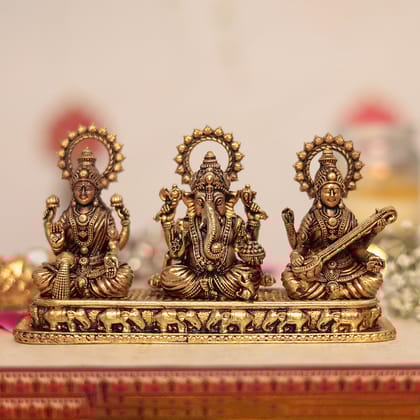 Antique Brass Exquisite Lakshmi Ganesh and Saraswati  Set In 3 Inches (8 Cm)-Spirituality