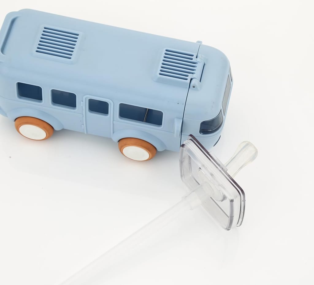 Bus Water Bottle With Strap For Kids, Leakproof Bpa Free Food Grade Bus Shaped With Movable Wheels Drinking Picnic Bottle With Straw, Sipper Bottle For Girls Boys, 500Ml, Blue - Silicone