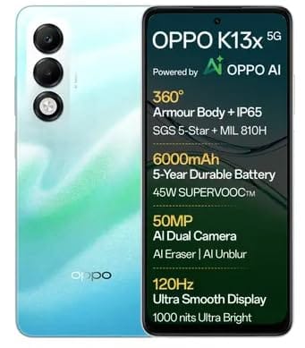 OPPO K13x 5G 6000mAh and 45W SUPERVOOC Charger & AI (Breeze Blue, 128 GB) (6 GB RAM) OPPO K13x 5G 6000mAh and 45W SUPERVOOC Charger & AI (Breeze Blue, 128 GB) (6 GB RAM)