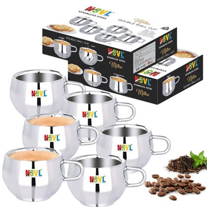 Nsvl 100% Stainless Steel Matka Tea Cups Set of 6 Pcs | Double Wall Tea & Coffee Cups | Mirror Finish Cups | Laser Design, Break Resistant