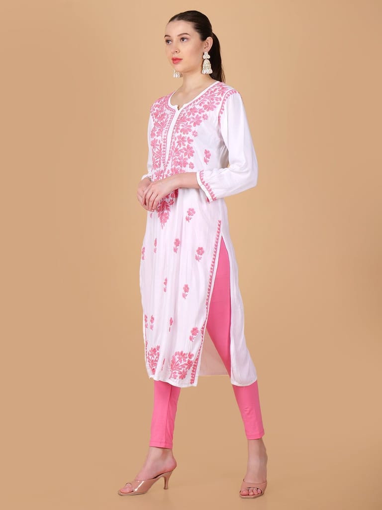 Handmade Lucknow Chikankari Off-White Kurta with Pink Thread work