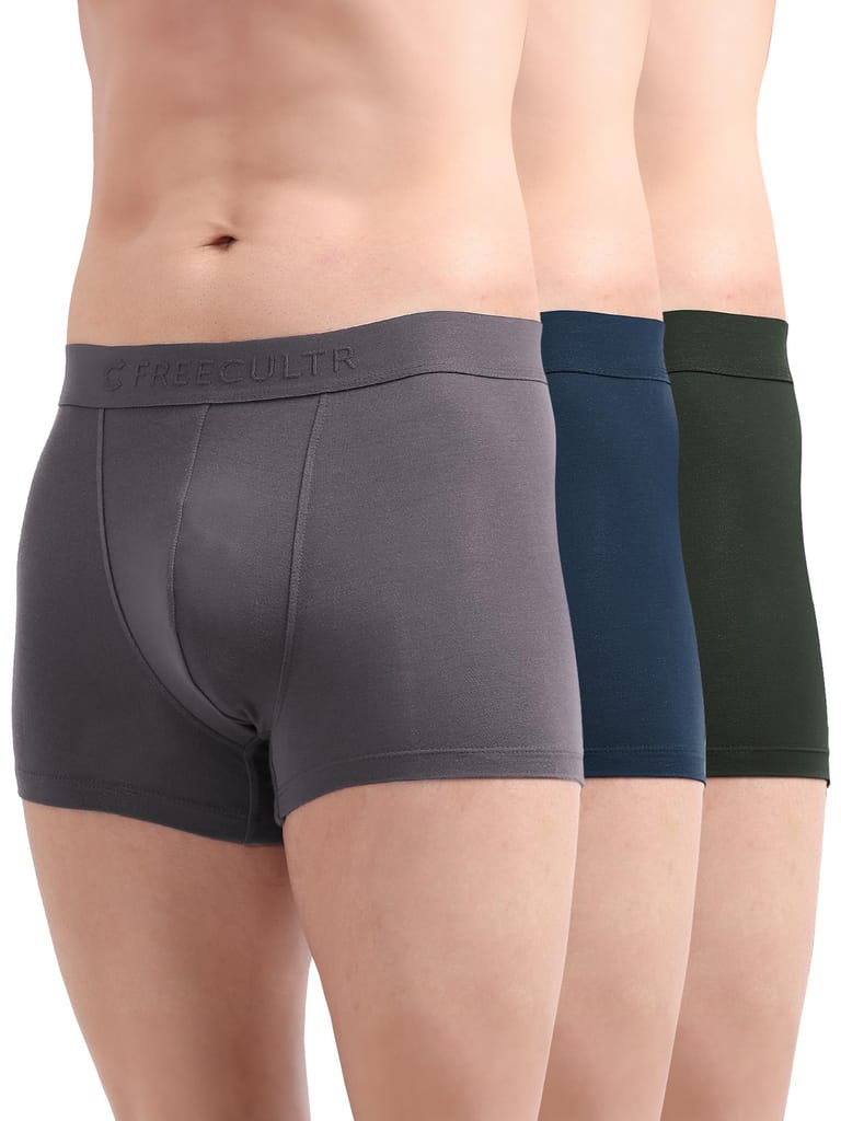FREECULTR Men's Underwear Anti Bacterial Micromodal Airsoft Trunk - Non Itch No Chaffing Sweat Proof - Pack of 3-Space Blue,Mist Grey,Avocado Green