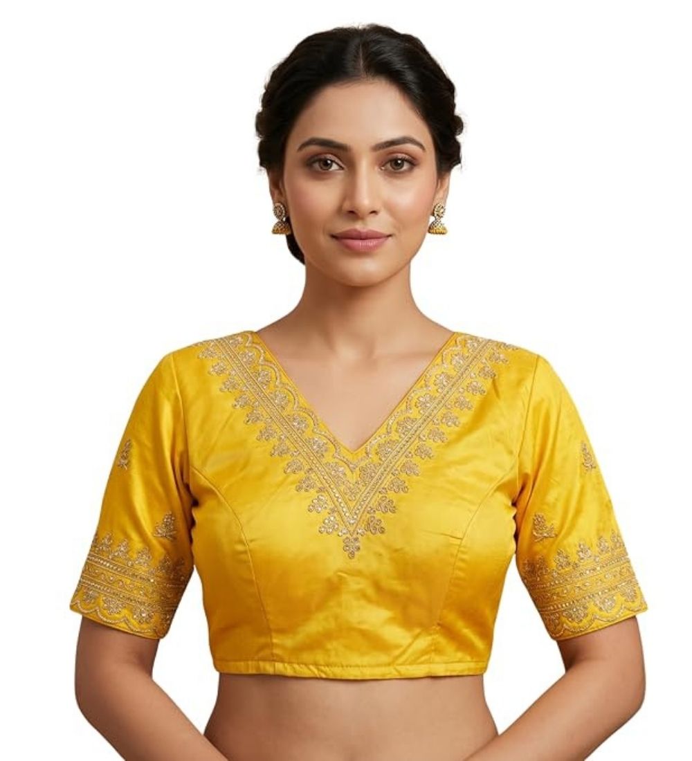 Women's Satin Embroidered Half sleeve V-Neck Padded Readymade Blouse (Yellow, Size 38 - Self-Alterable 36โ40)