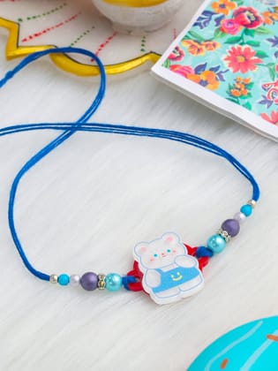 NVR Kids Teddy Blue Artificial Beads Thread Rakhi with Roli Chawal Chandan & Mishri-One Size / Blue