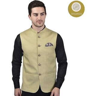 PrintCulture Men Solid Beige Cotton Blend Nehru Jacket