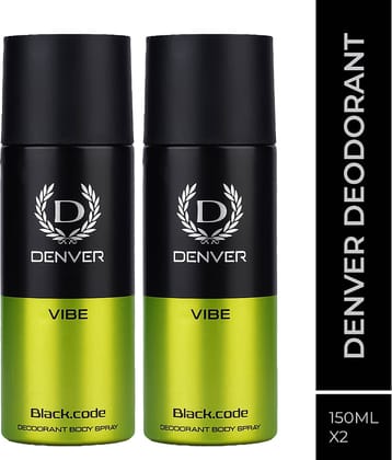 Denver Black Code Vibe Long Lasting Deodorant Spray For Men 150 ml Each (Pack of 2)