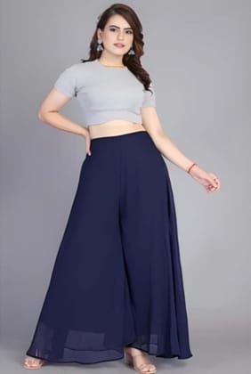 Generic Women's Georgette Solid High-Rise Wide Leg Flared Palazzo Pants with Elastic Waist, Ankle Length Trousers for Daily, Office and Casual Wear (Navy Blue, 2XL, Pack of 1, Design 67538)