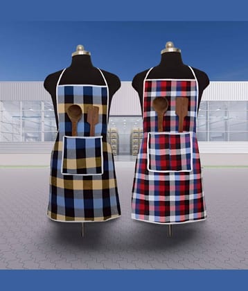 CreadCraft Cotton Checks Kitchen Apron with 1 Center Pocket ( Pack of 2 )