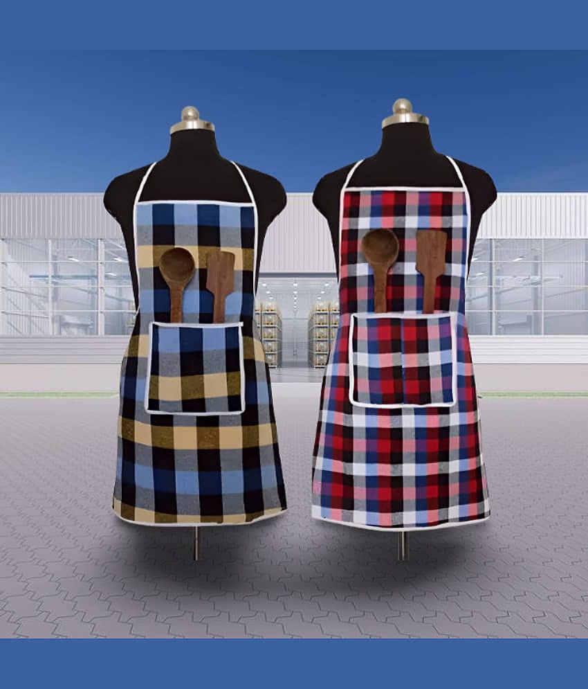 CreadCraft Cotton Checks Kitchen Apron with 1 Center Pocket ( Pack of 2 )