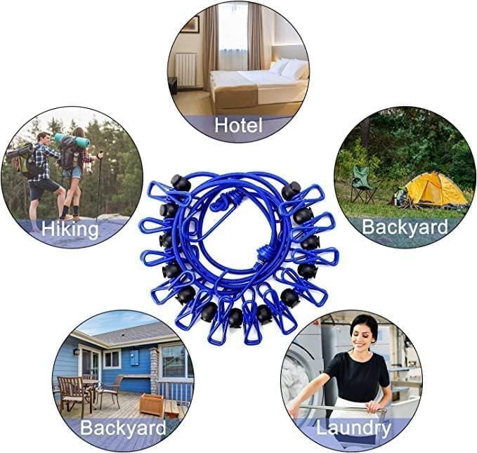 Portable Travel Clothesline with 12 Clips - Adjustable Elastic Laundry Drying Rope