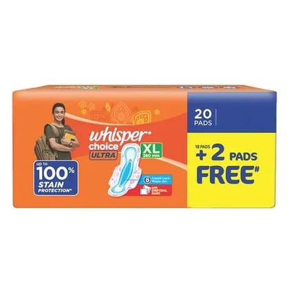 Whisper Choice Ultra XL Sanitary Pads, 18 Pcs, Get 2 Pads Free