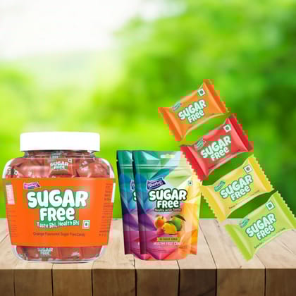 Derby Combo Pack - Sugar Free Orange Flavored Candy 330g & Sugar Free Assorted Fruit Flavored Standy Pouch - 2 Packets, 80g each