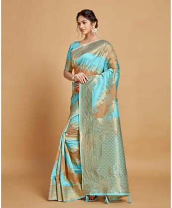 Women's Linen Printed Saree with Unstitched Blouse (Sky Blue, 5-6 Mtrs)