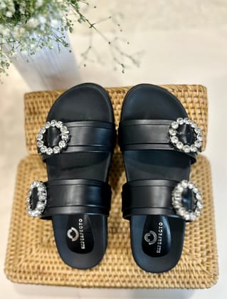 Slider Sandals With Rhinestone Buckle-36 / Black