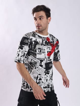 PUNK Newspaper Oversized T-Shirt for Men - White | Bold Graphic Streetwear-M / White