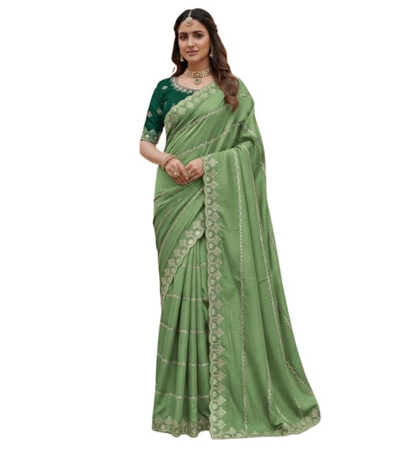 Generic Women's Georgette Embroidered Saree with Unstitched Blouse Piece, Soft Lightweight 5.5 m Sari (Pista Green, Design 67602)