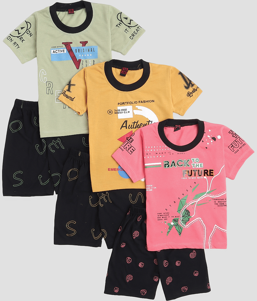 Fourfolds Pack of 3 Boys Cotton T-Shirt & Shorts Set ( Pink )