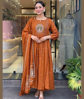 PURVAIYA CREATION Women Cotton Silk Embroidered Anarkali Kurti With Pants ( Rust )