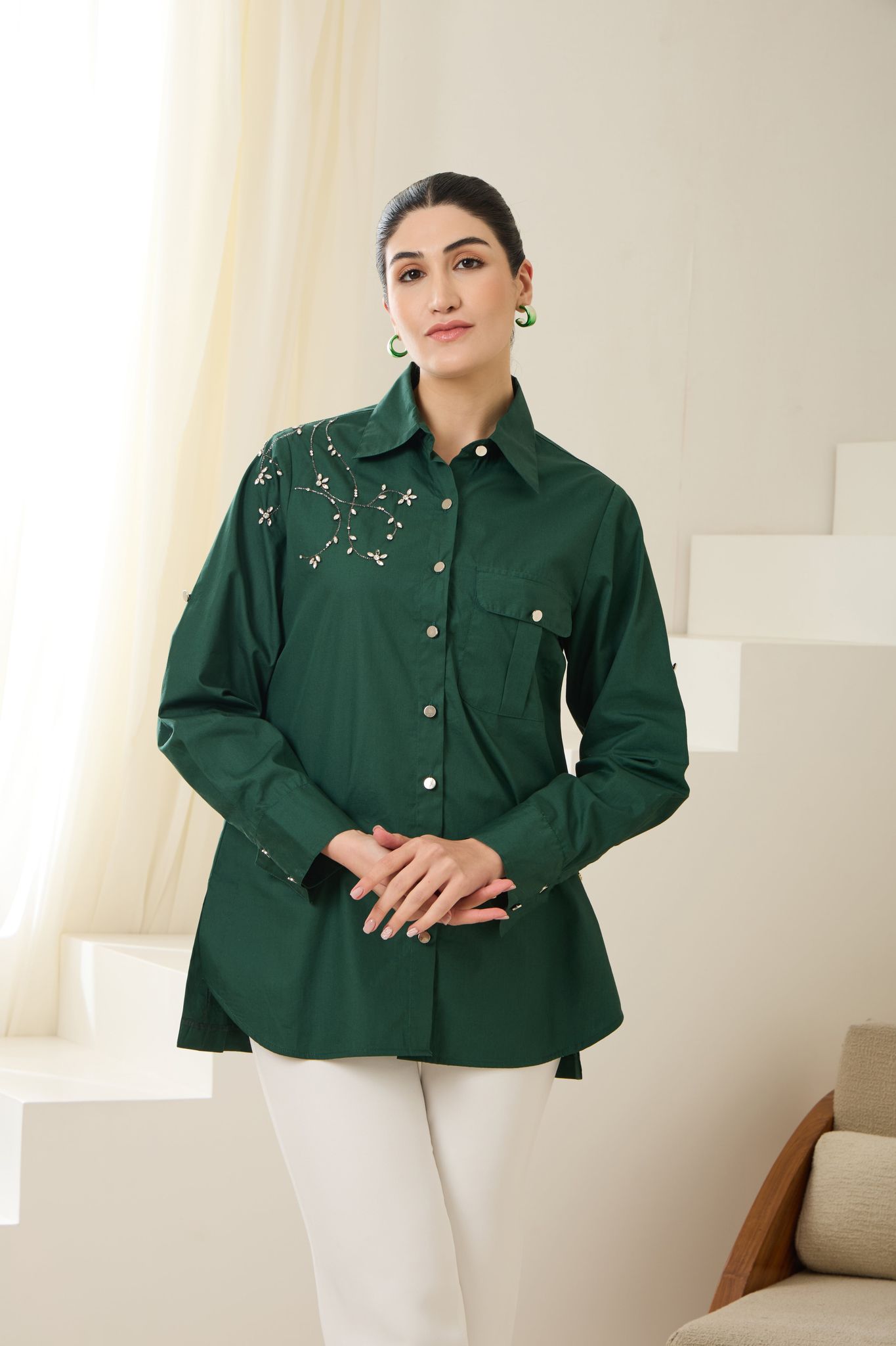 VINE SEQUINED POPLIN SHIRT-Bottle Green / Poplin / XXS