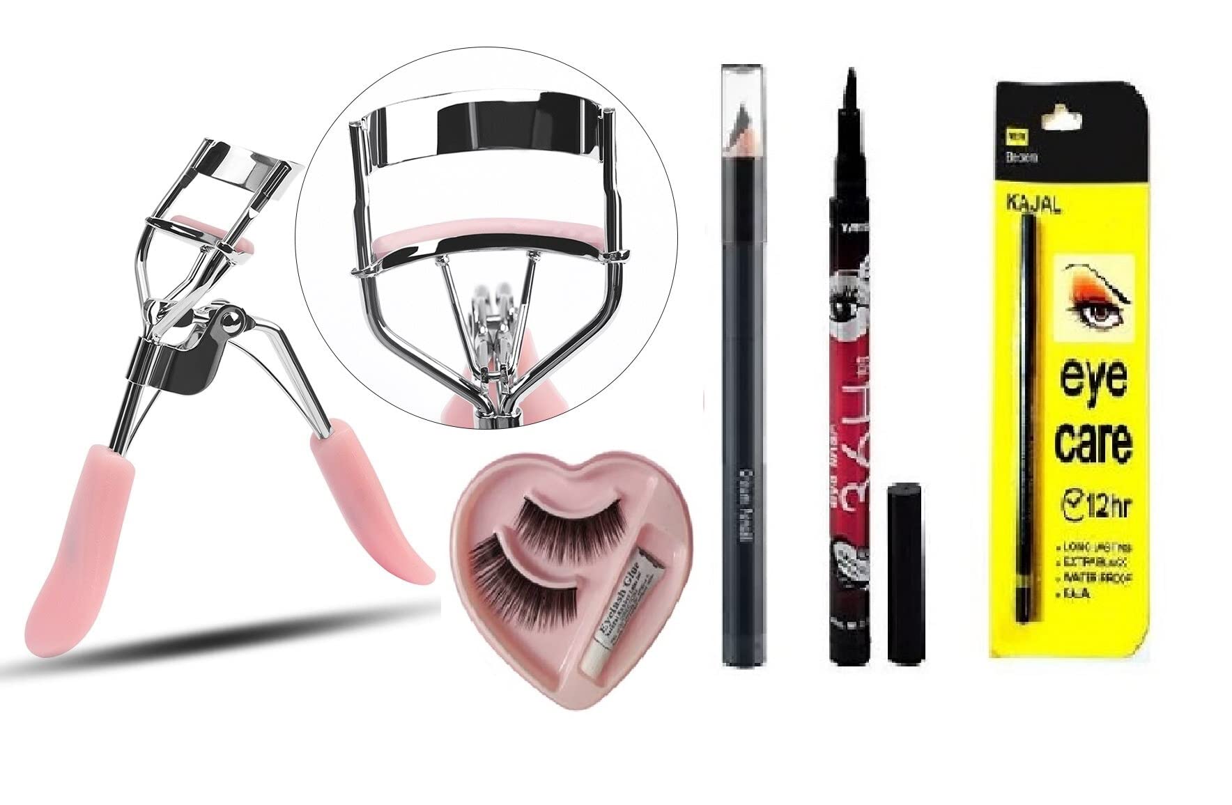 Elecsera Eyelash Curler & Beauty Kajal & 36H Deep Black Liquid Eyeliner False Eyelashes Professional Set of 5 Makeup (5 Items in the set)