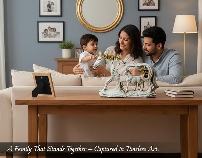 Horse and Foal Wall/Table Decor – Dual-Purpose Polyresin Sculpture with Gold Accents – Decorative Animal Figurine for Living Room, Hallway, or Entryway